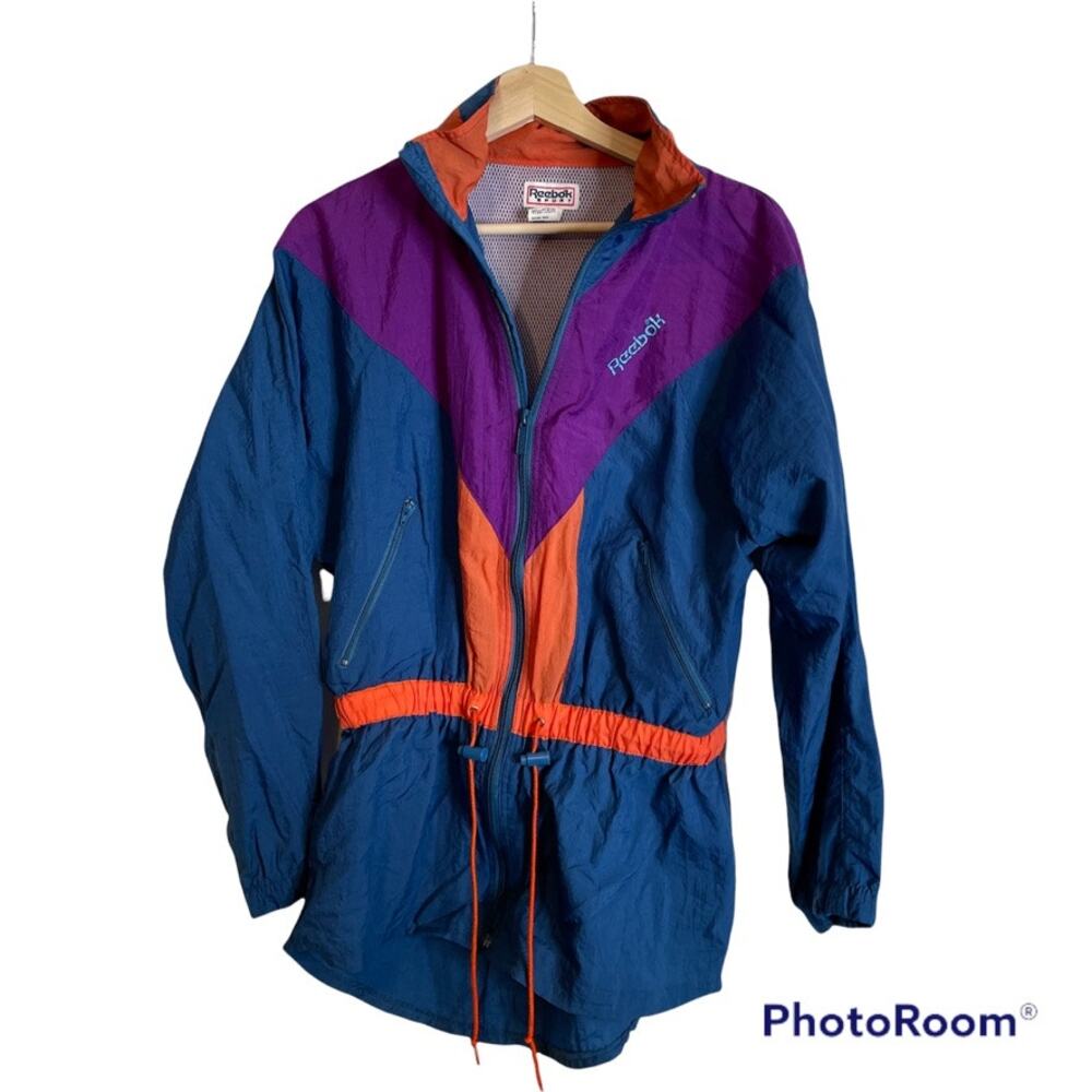 REEBOK Sport Small Nylon Color Block Wind Breaker Drawstring Waist Vintage